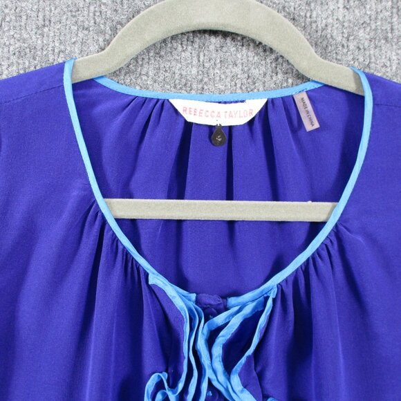 Rebecca Taylor Silk Blouse Shirt Womens 4 Small Blue Ruffle Pull Over Career - Picture 2 of 16